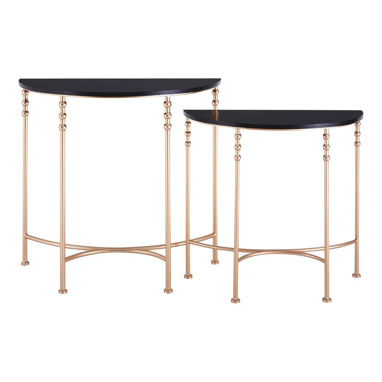 Set of two half moon console tables with gold metal legs and black tops