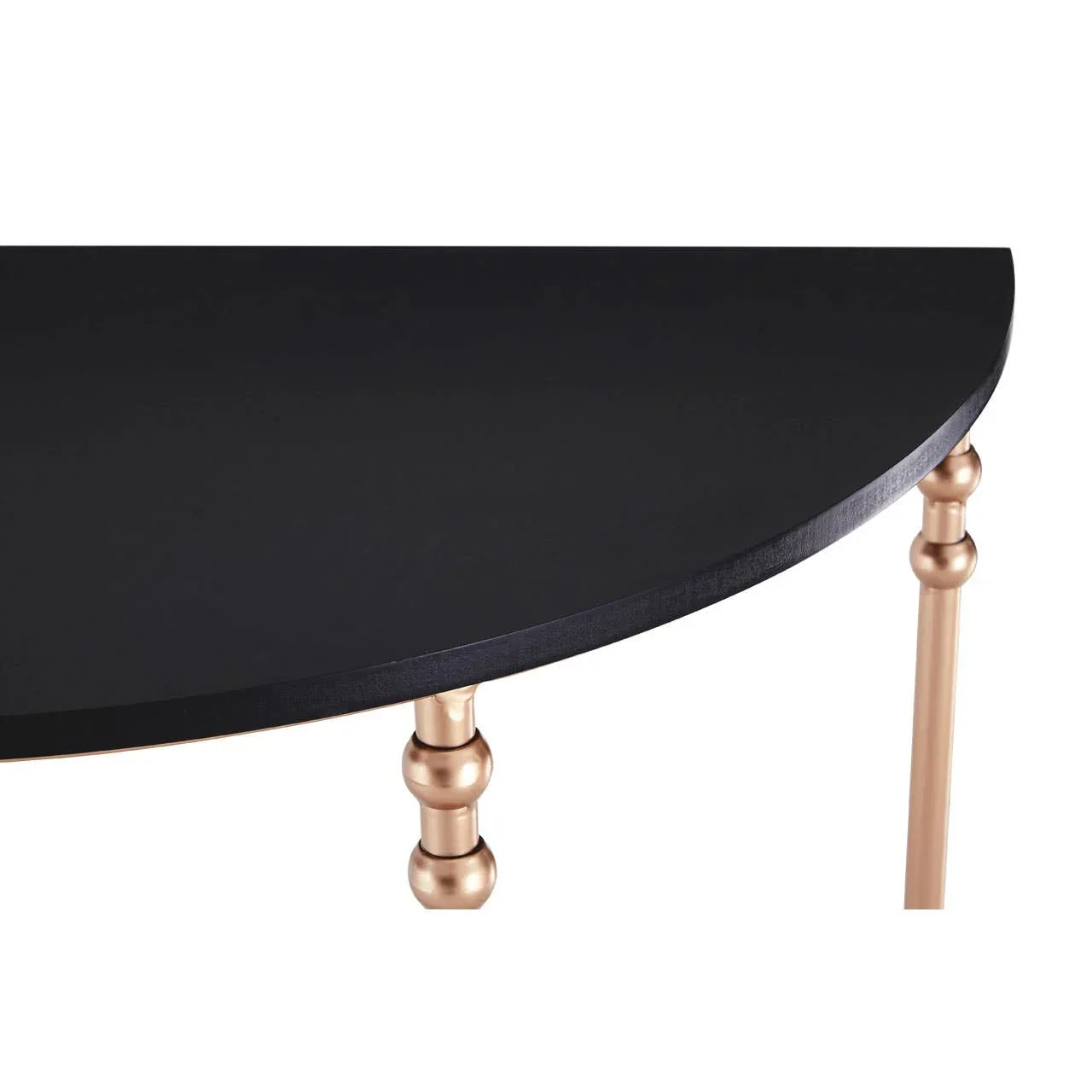 Black half-moon console table with gold metal legs, close-up of top and leg detail