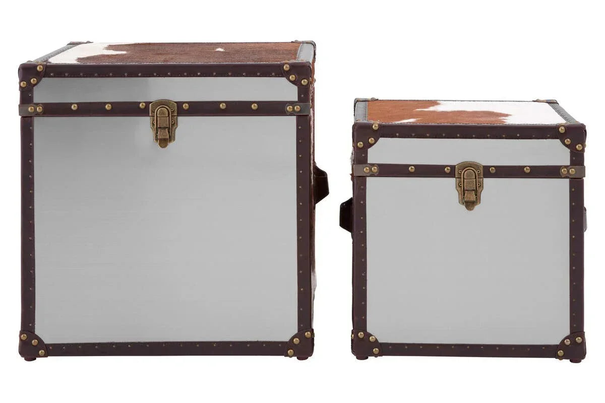 Set of two vintage storage trunks with white panels, brown trim, and metal clasps