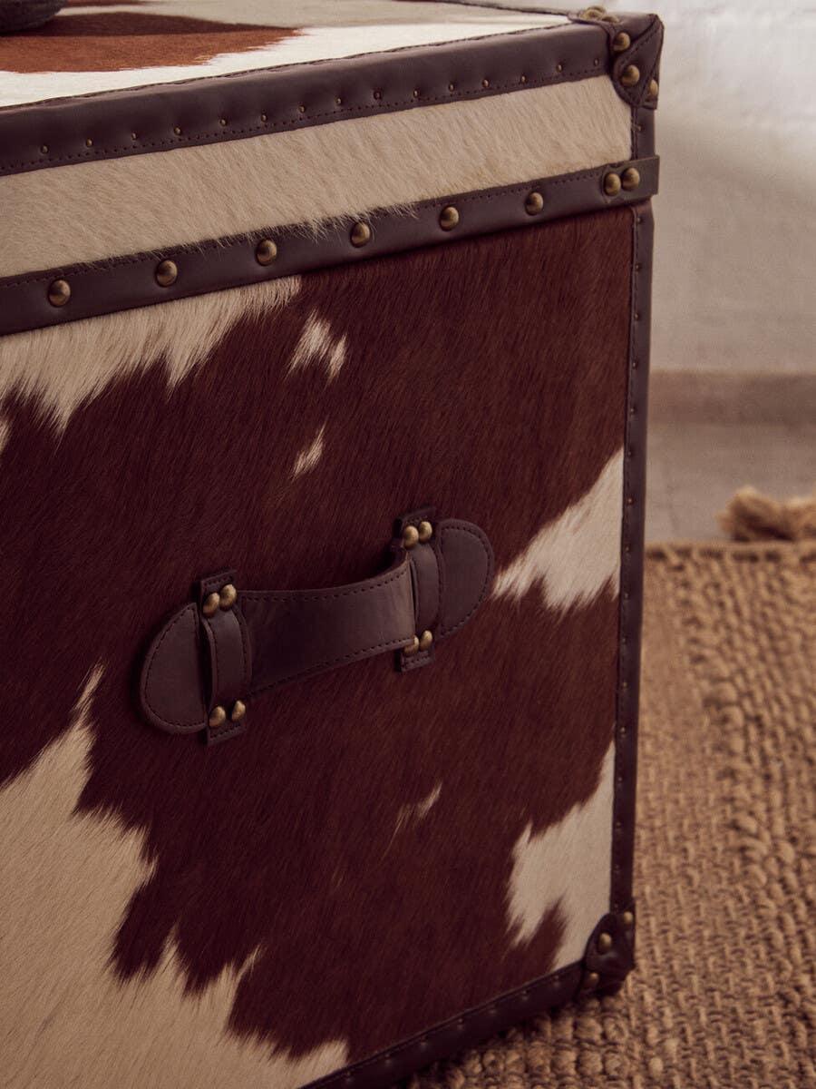 Cowhide storage trunk with brown leather handle and metal rivets on woven rug