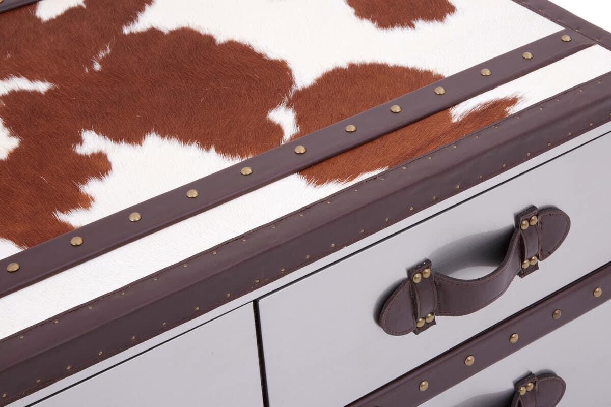 Closeup of chest of drawers with cowhide top, brown trim, and brass stud accents
