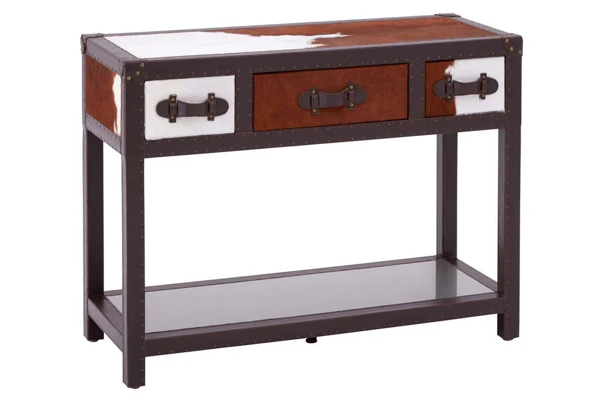 Console table with brown and white cowhide drawers, leather handles, and lower shelf