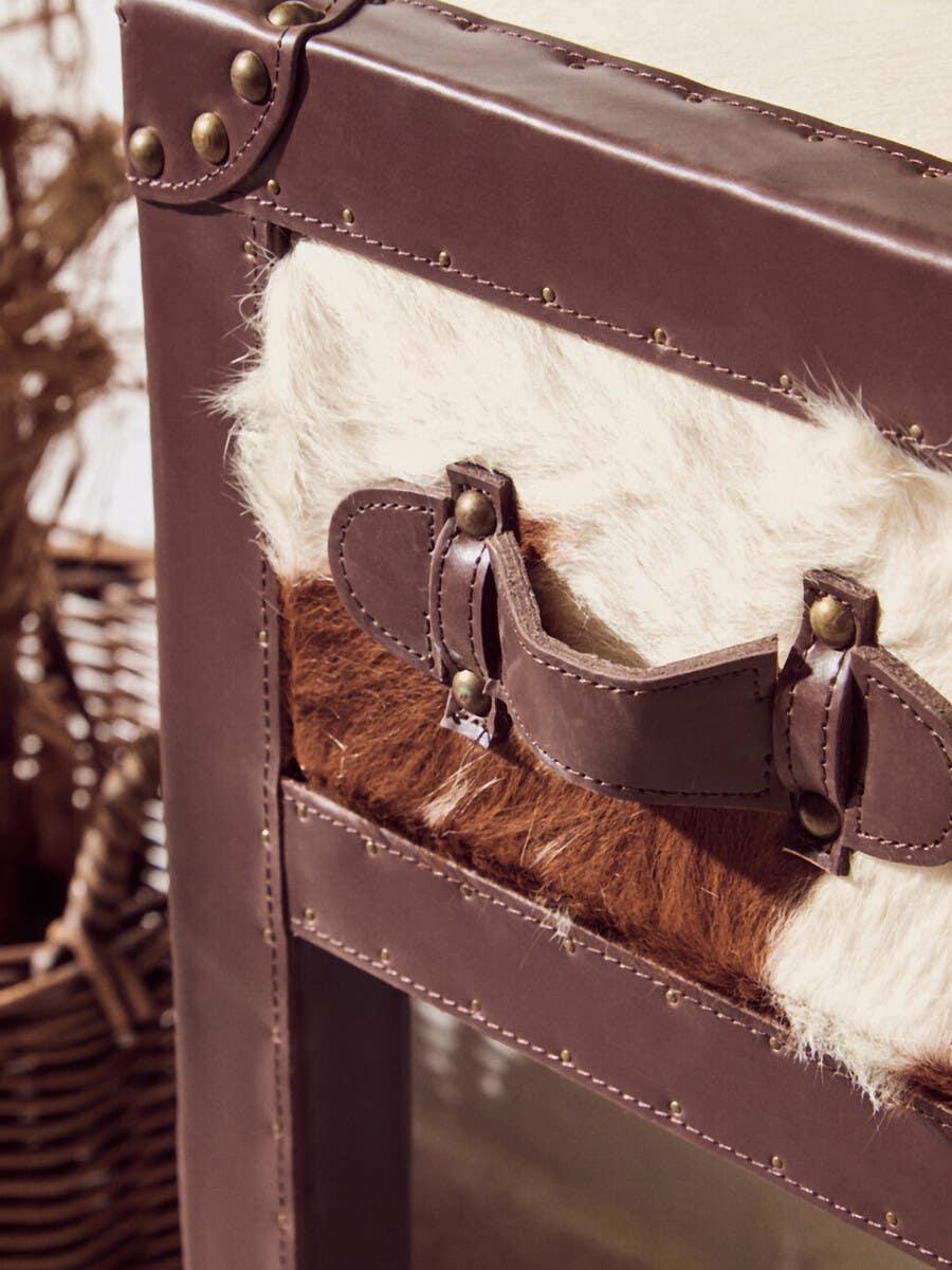 Closeup of brown leather and fur storage trunk with metal rivet details