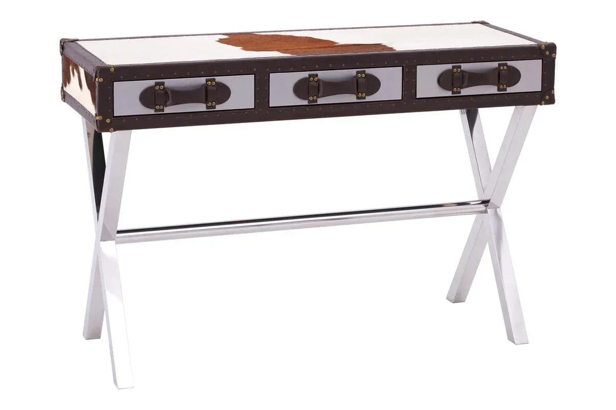 Three drawer console table with chrome X-legs and white cowhide top