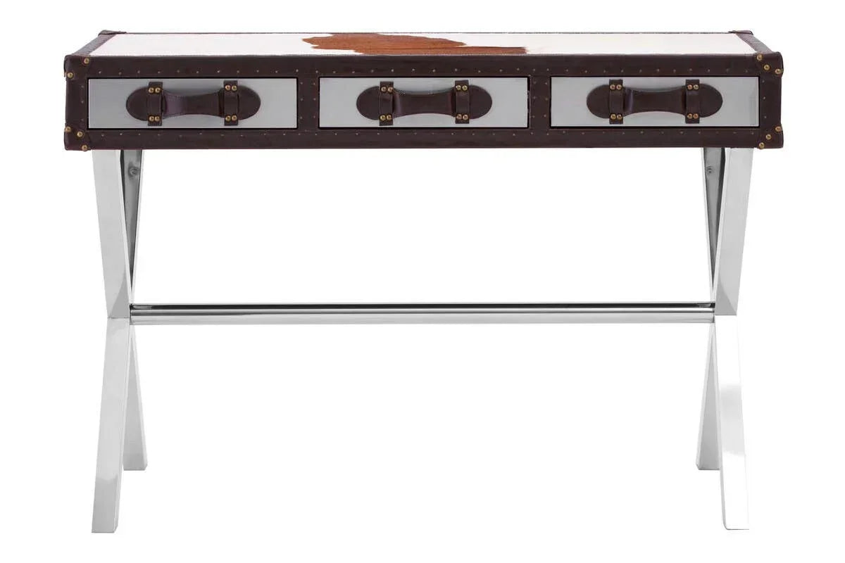 Contemporary console table with cowhide top, three drawers, and chrome crossed legs