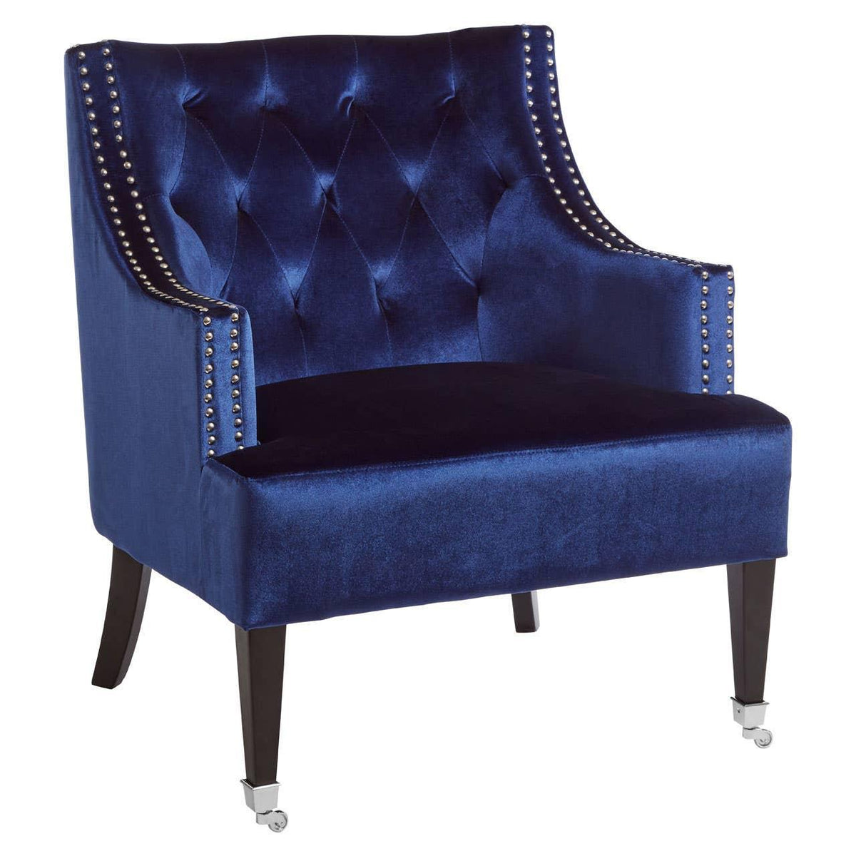 Blue velvet accent chair with tufted back, silver stud detail and black wood legs
