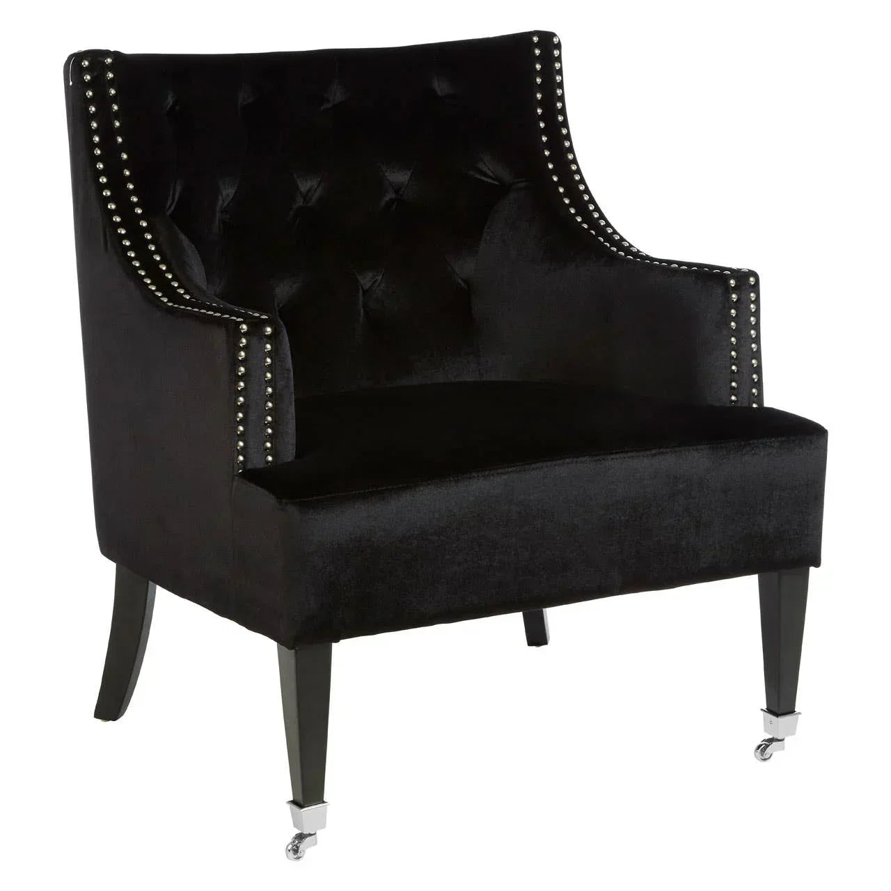 Black velvet accent chair with button tufted backrest and silver stud detailing