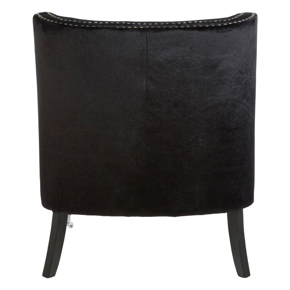 Back view of black velvet accent chair with slim legs and studded trim detail