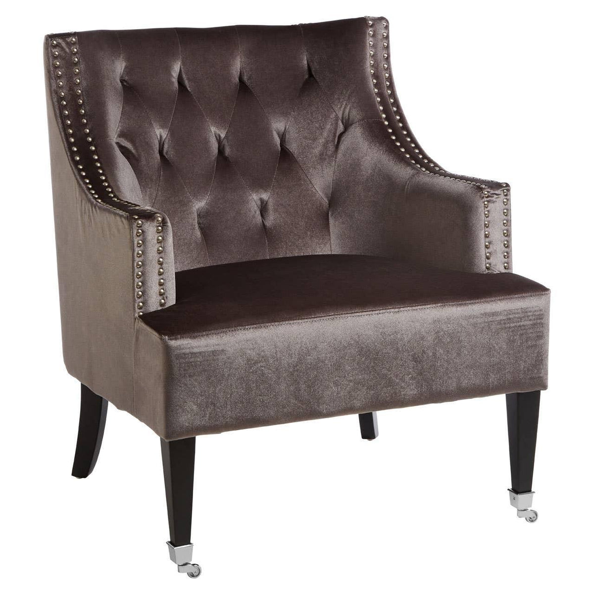 Velvet accent armchair with button-tufted back, nailhead trim, and dark wooden legs