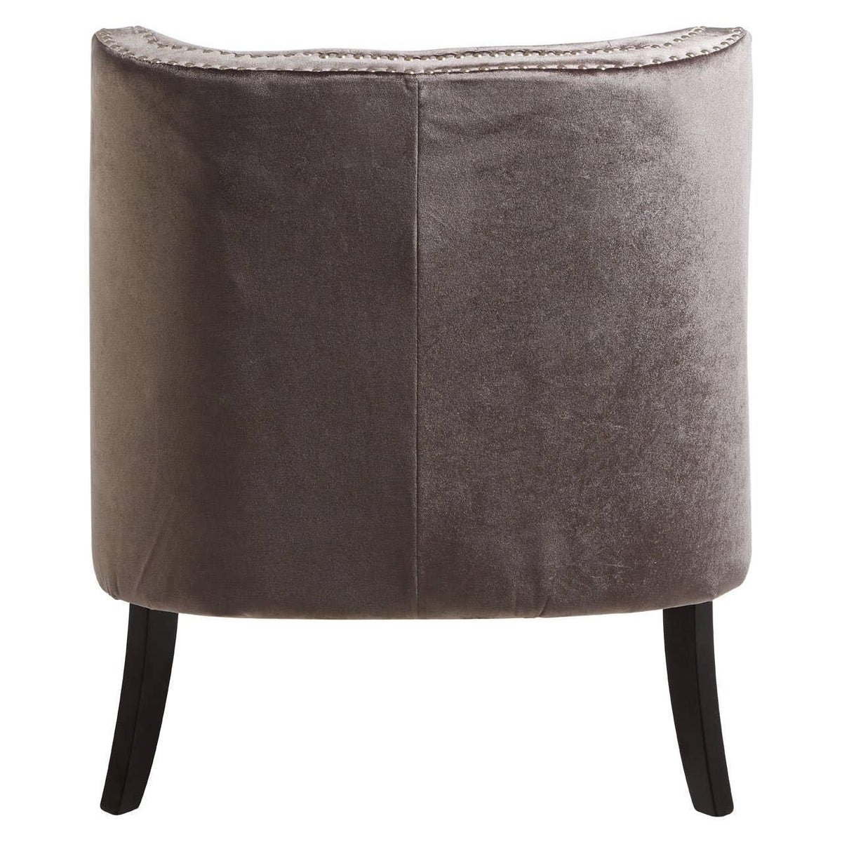 Grey velvet accent chair back view with curved top and dark wooden legs