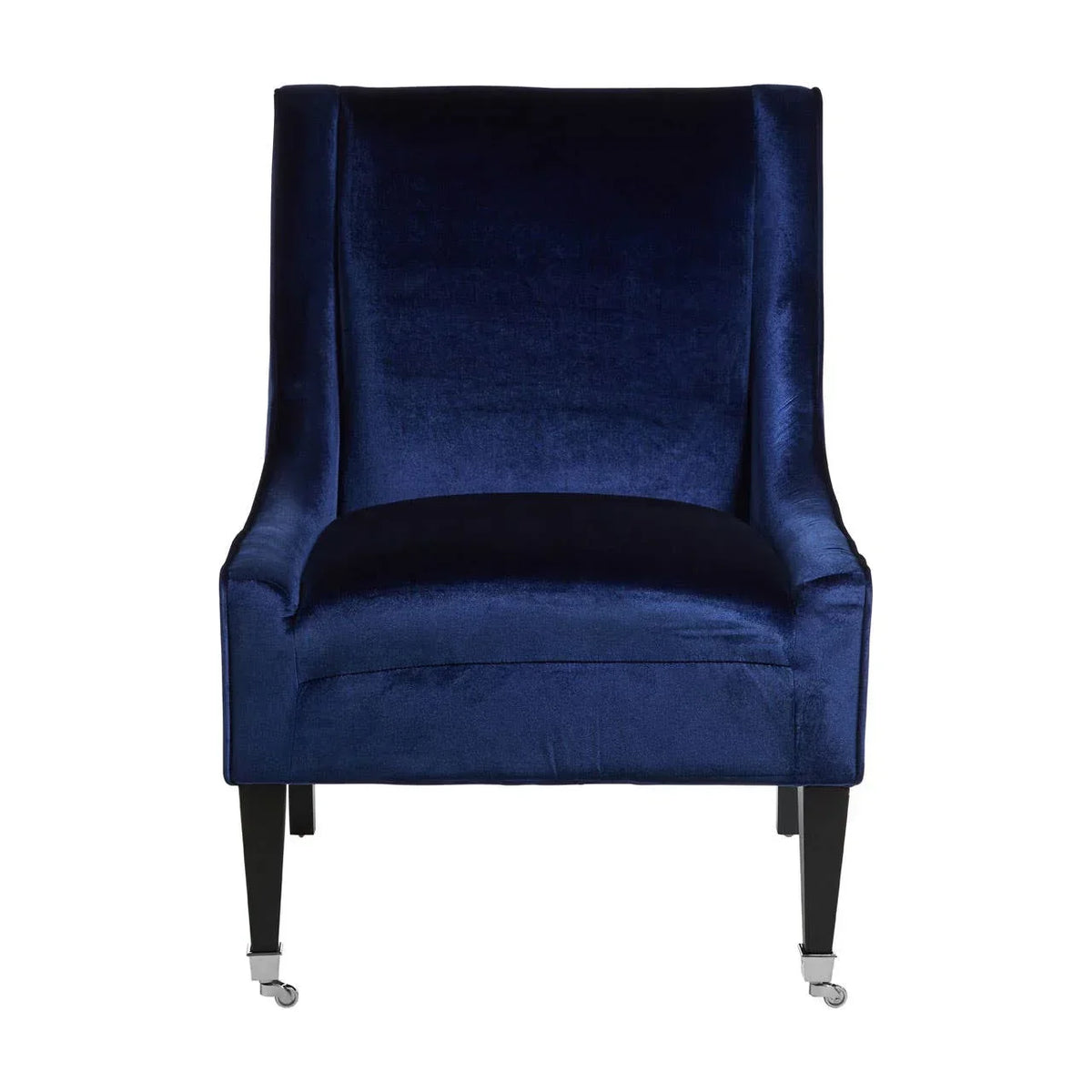 Navy velvet accent chair with curved backrest and black legs on castor wheels, front view