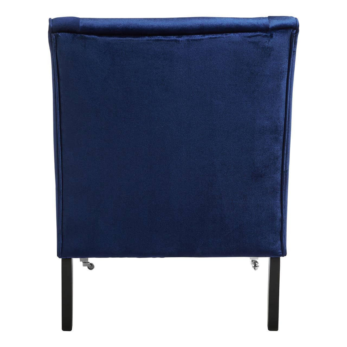 Back view of blue velvet accent chair with slim black legs
