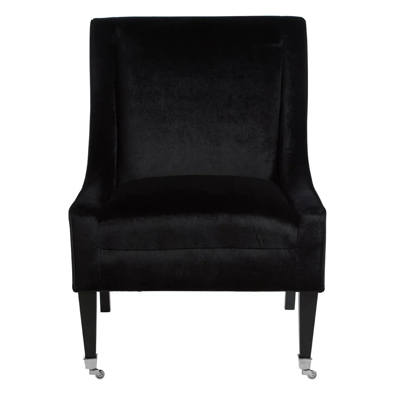Black velvet accent chair with slim legs and front casters, front view