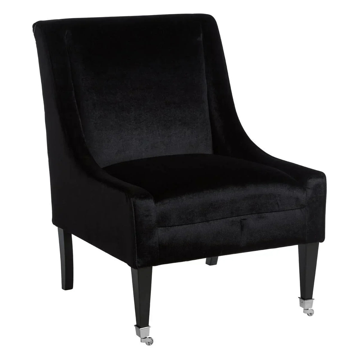 Black velvet accent chair with curved backrest and chrome casters on front legs