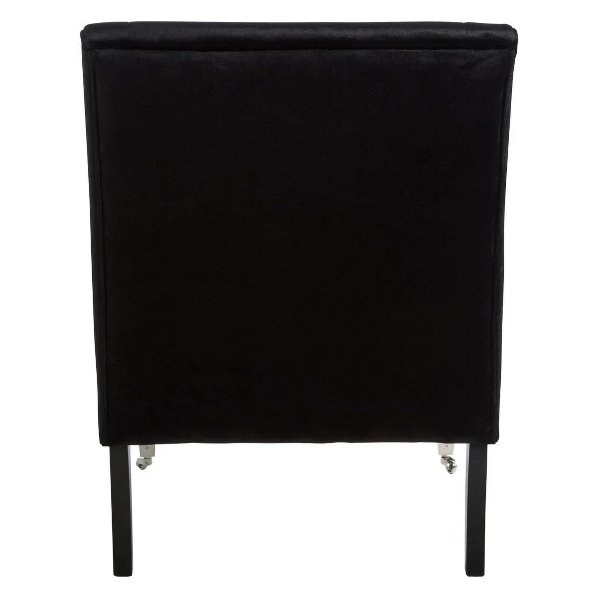 Black velvet accent chair rear view with slim black metal legs
