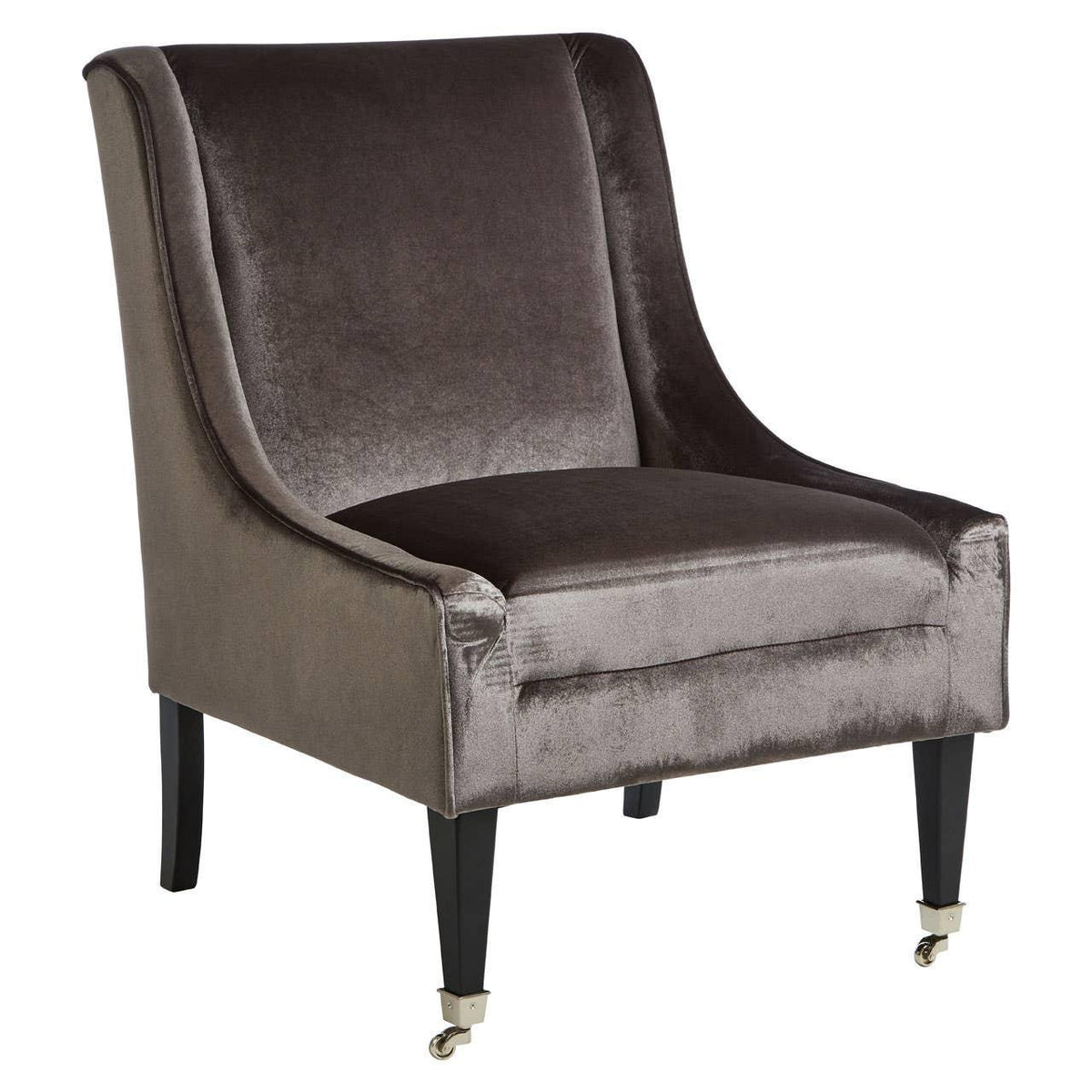 Grey velvet accent chair with high back and black wooden legs on castors
