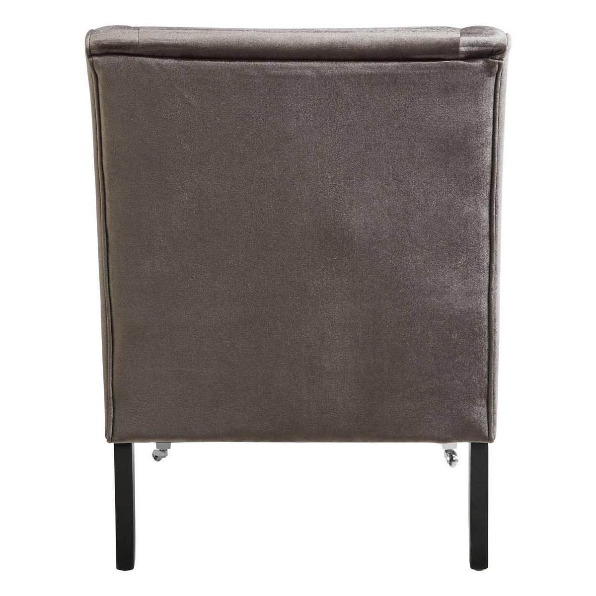 Rear view of grey velvet dining chair with slim black legs