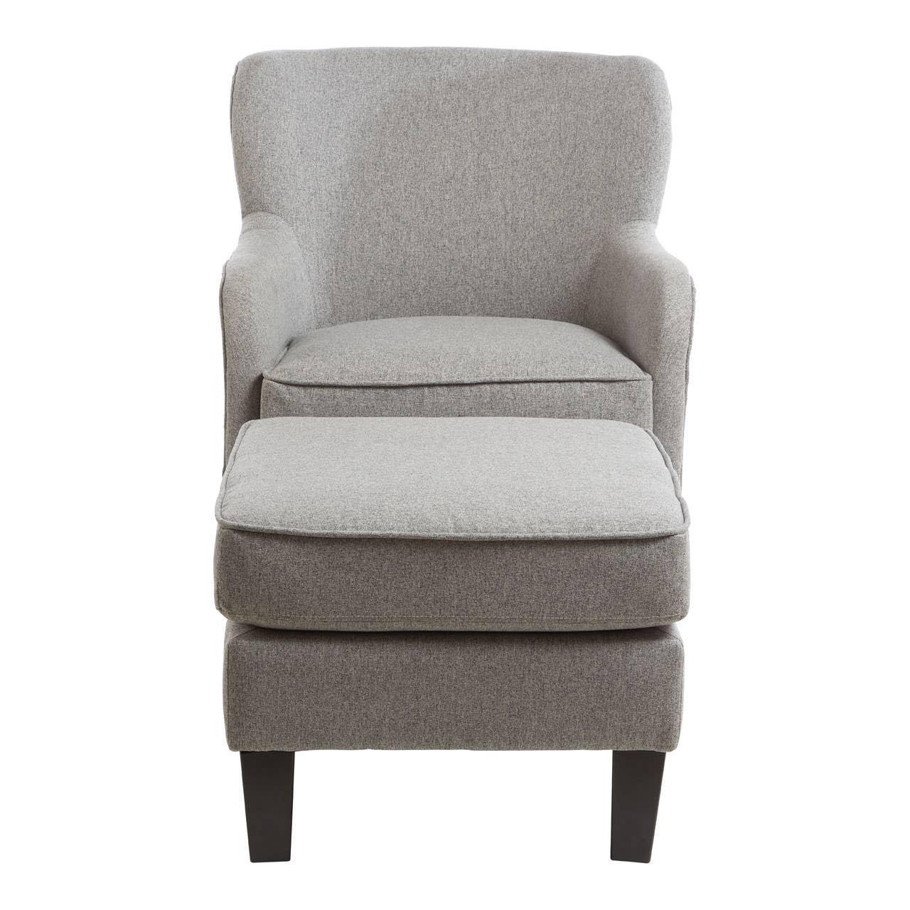 Grey fabric accent chair with matching ottoman on dark wooden legs, front view