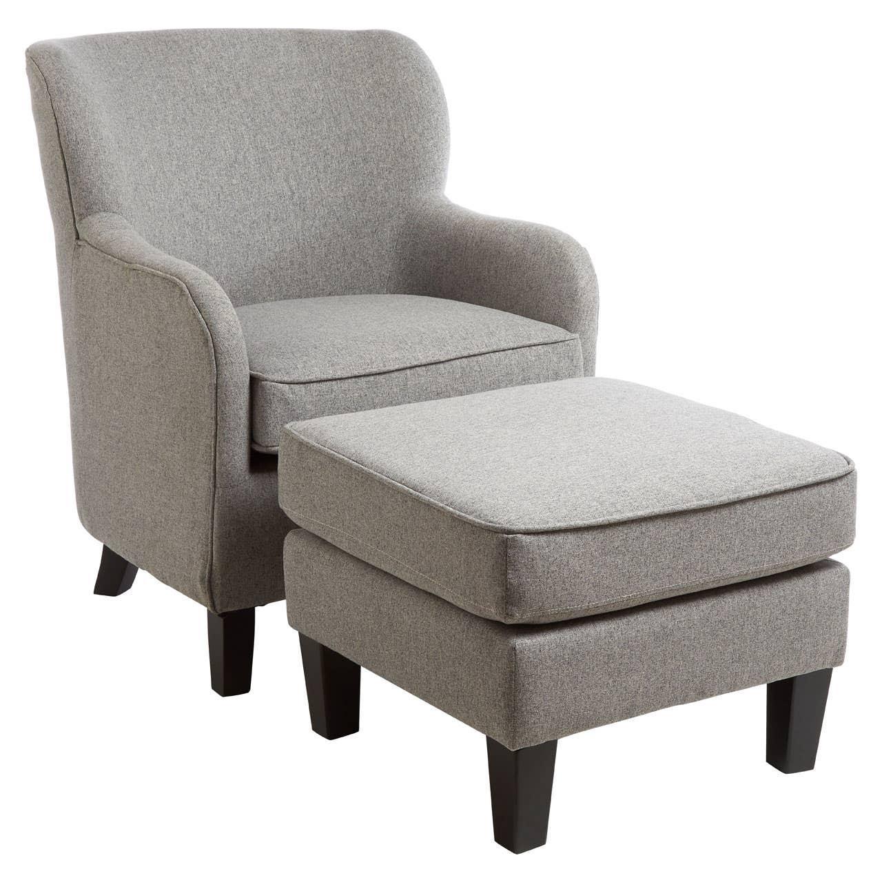 Grey fabric armchair with matching ottoman and dark wood legs, front angled view