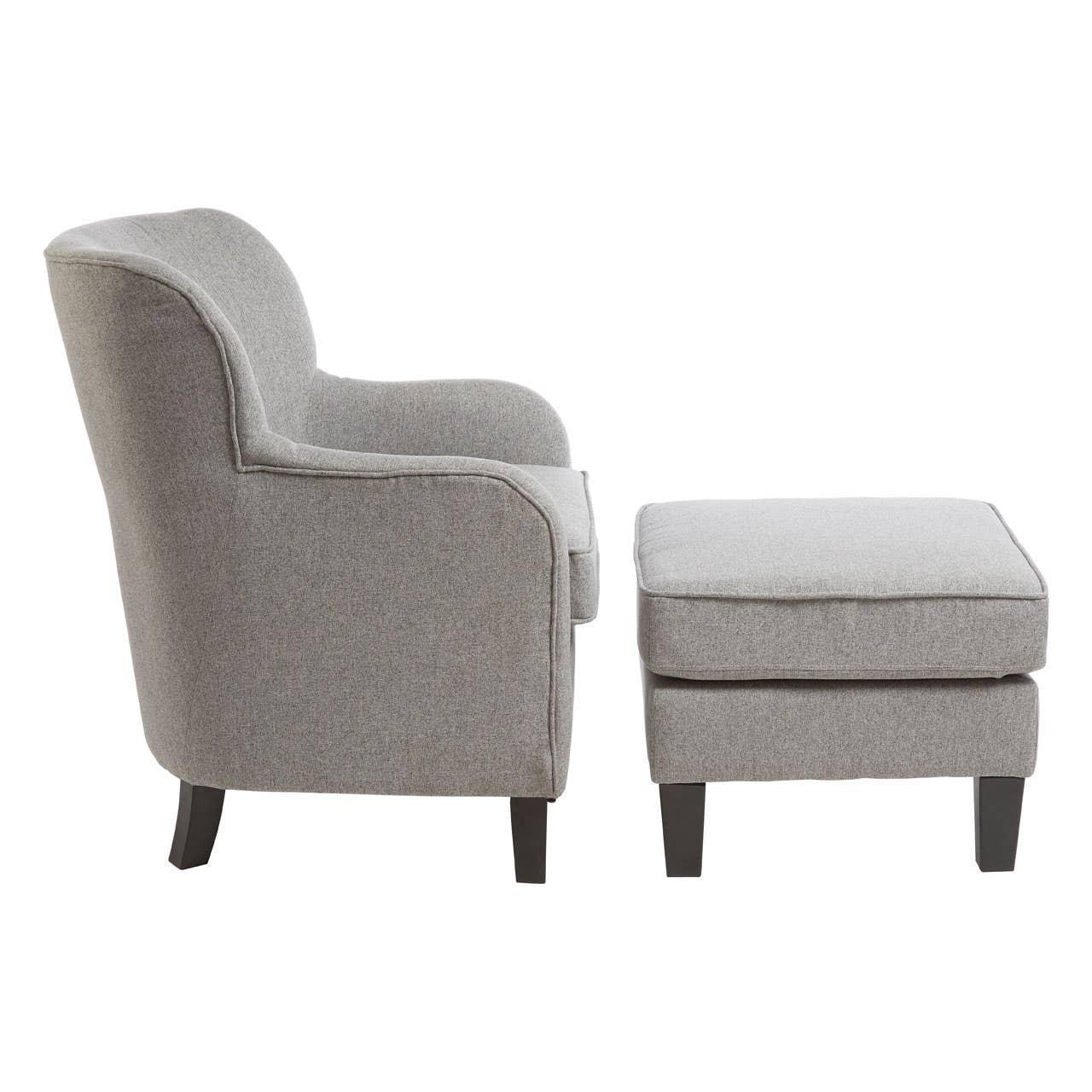 Grey upholstered armchair with matching ottoman, side profile, dark wooden legs