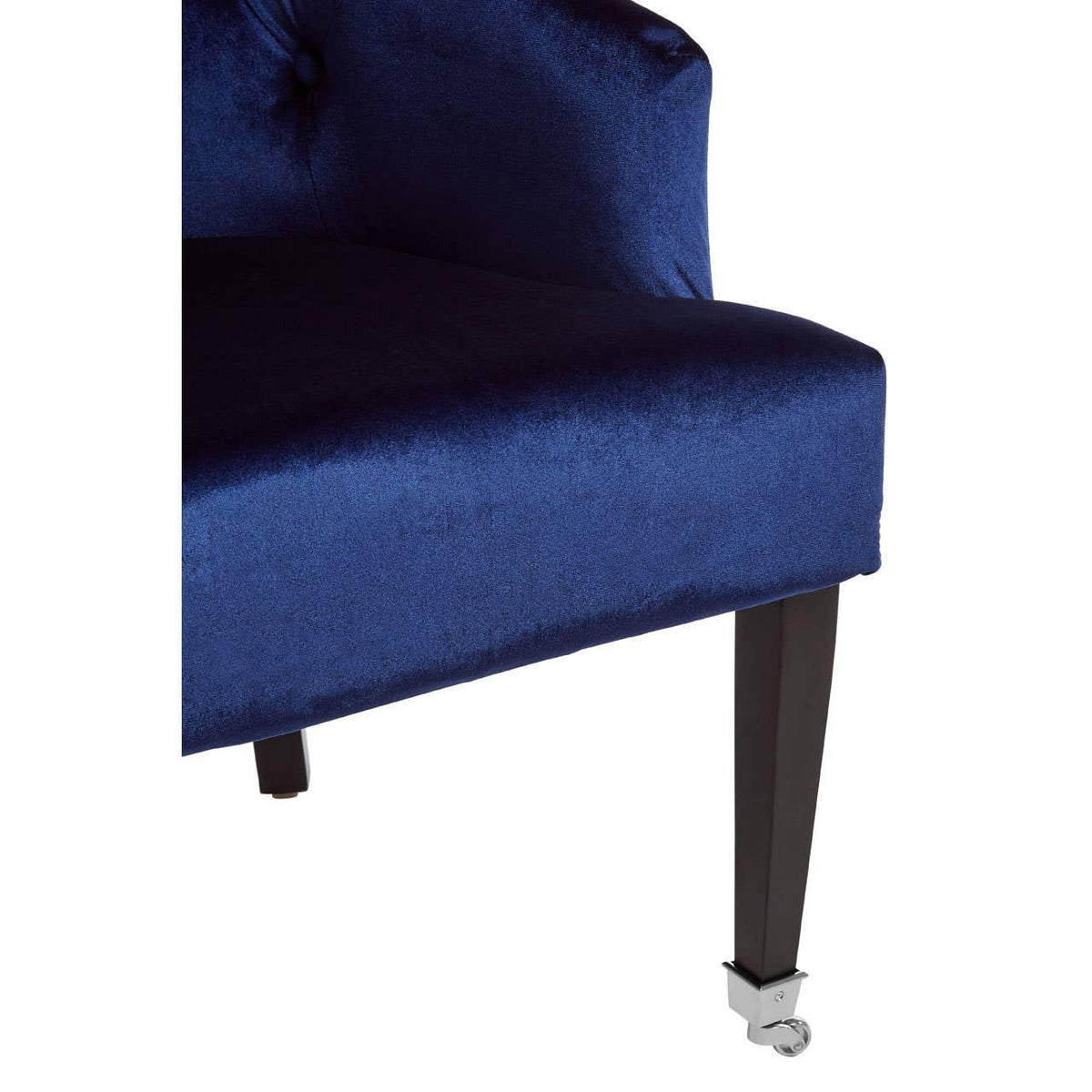 Blue velvet chair seat with black wooden leg and chrome caster wheel