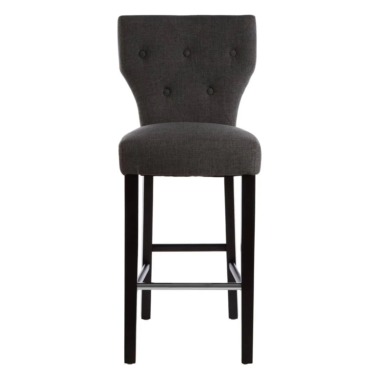 Dark grey upholstered bar stool with button backrest and black wooden legs, front view