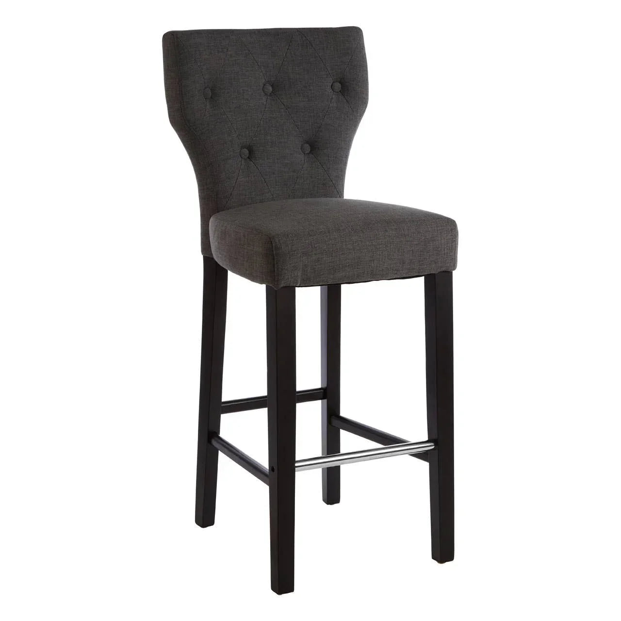 Grey upholstered bar stool with tufted backrest and dark wooden legs