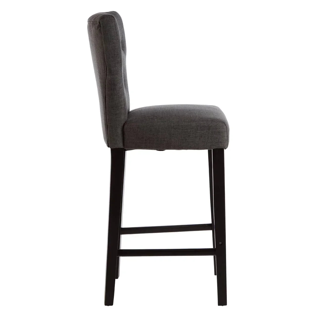 Side view of grey upholstered bar stool with black wooden legs