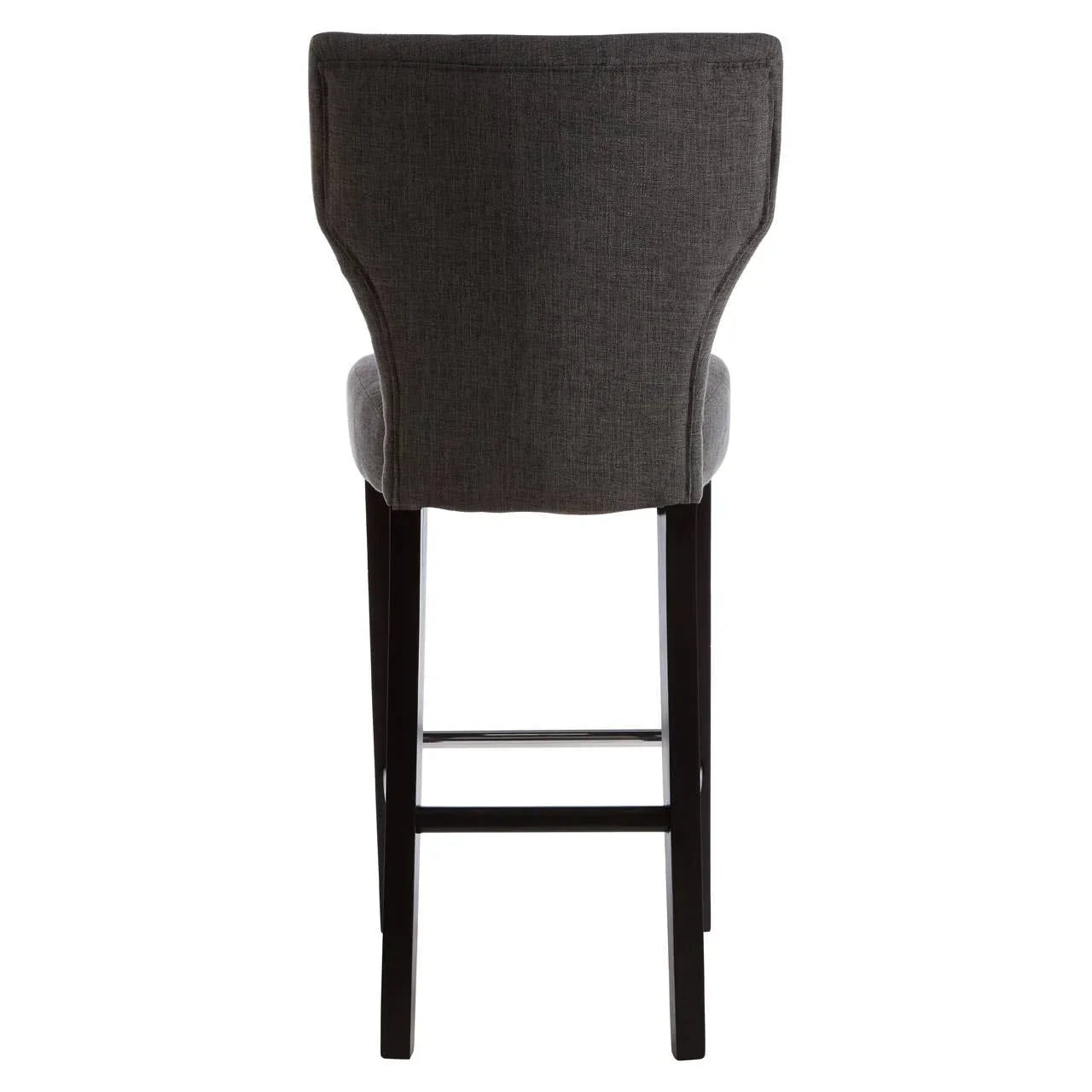 Grey upholstered bar stool with high back and dark wooden legs, back view