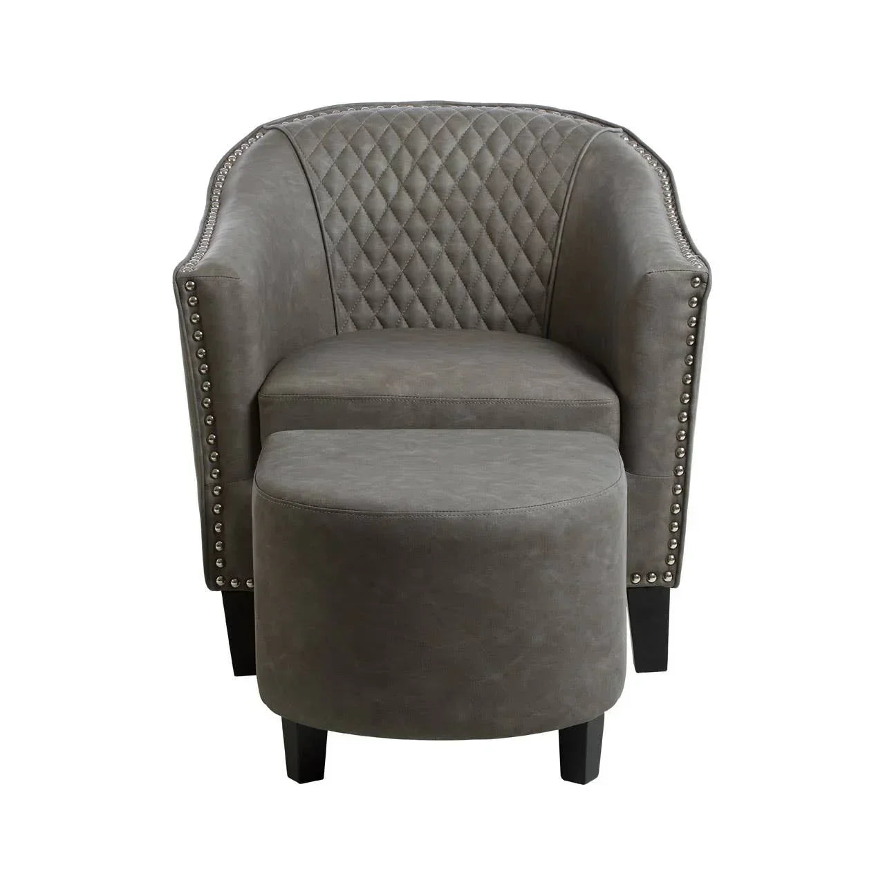 Grey accent chair with quilted backrest, studded trim and matching footstool, front view