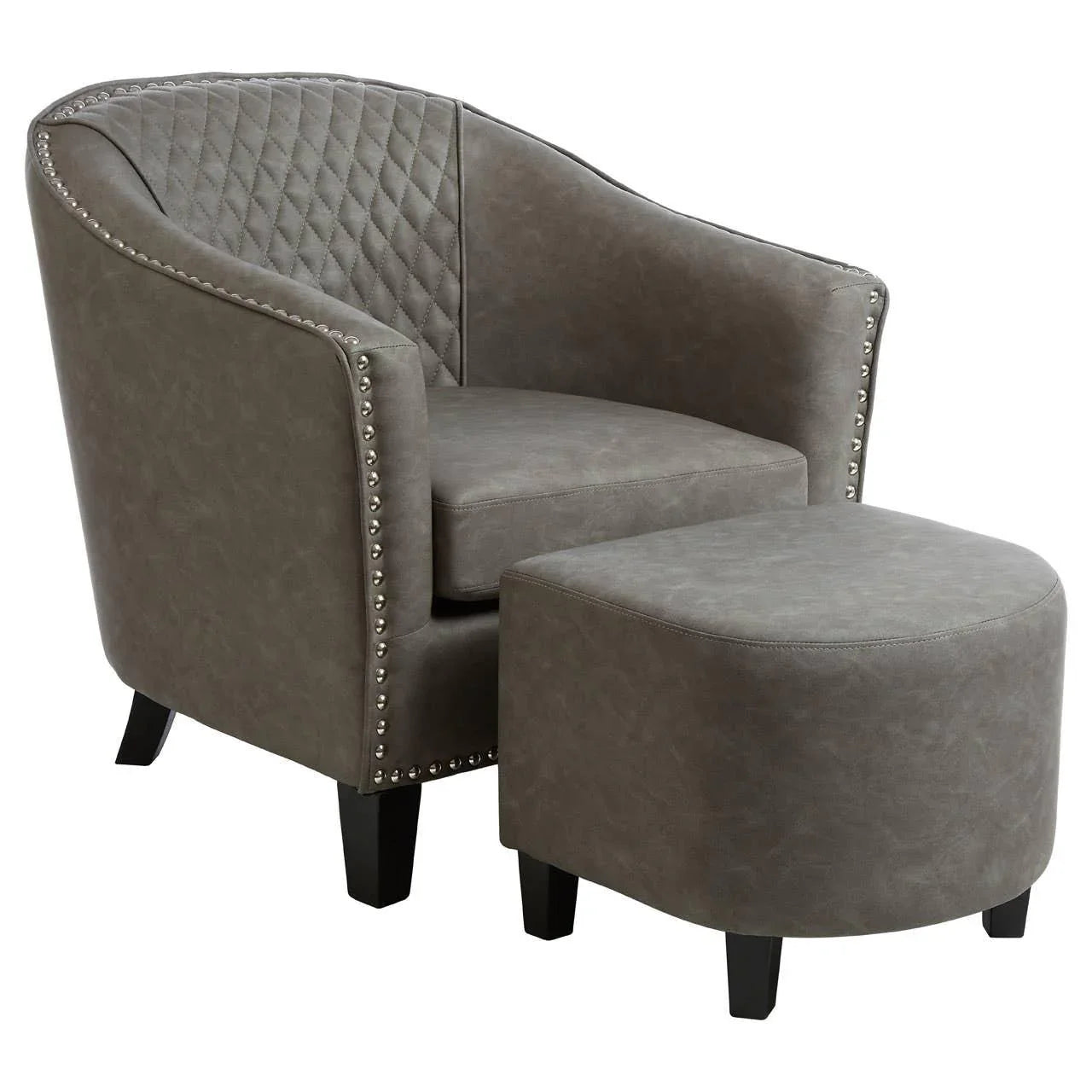 Grey accent chair with diamond stitch back, silver stud trim, and matching footstool