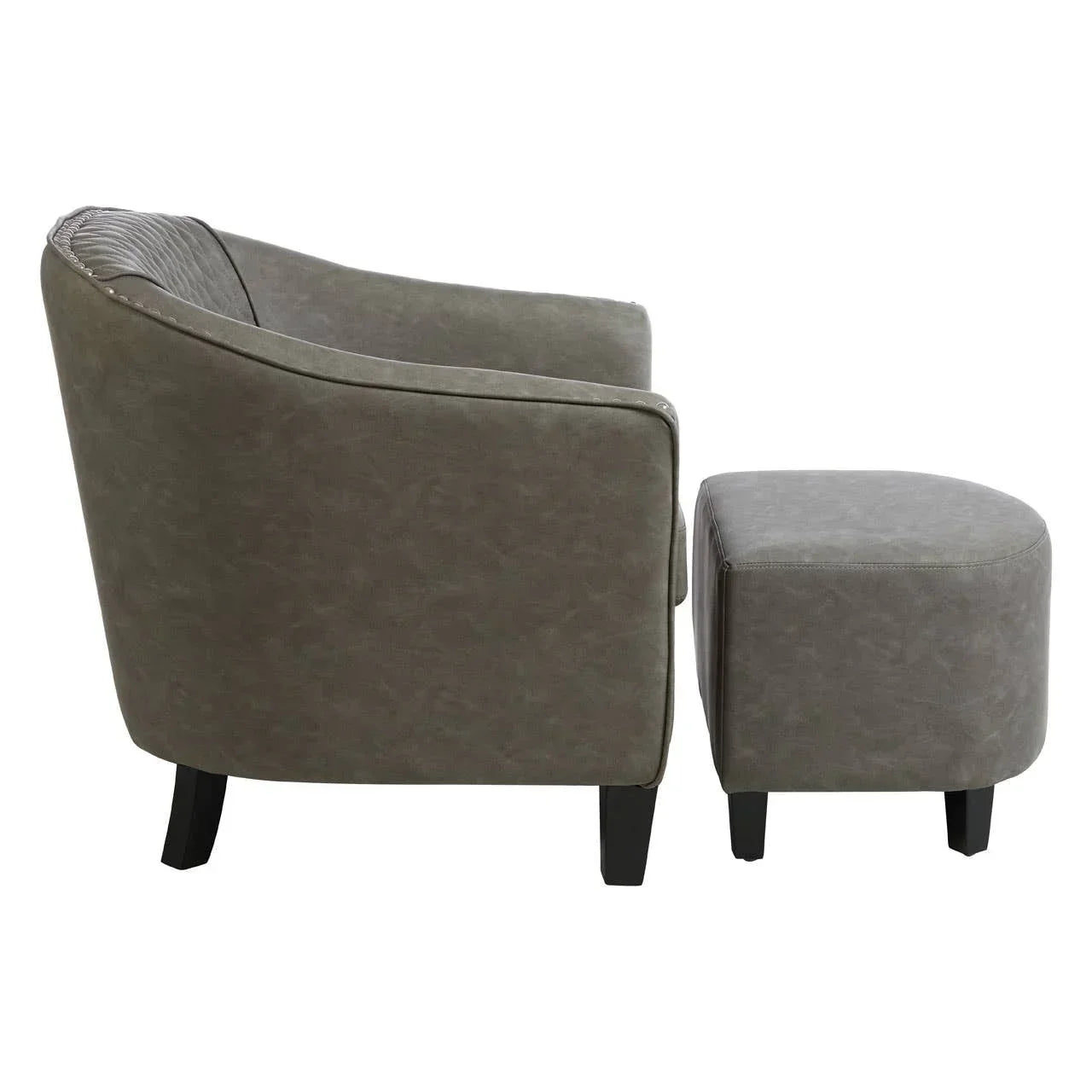 Side view of grey accent chair with matching footstool and black wooden legs