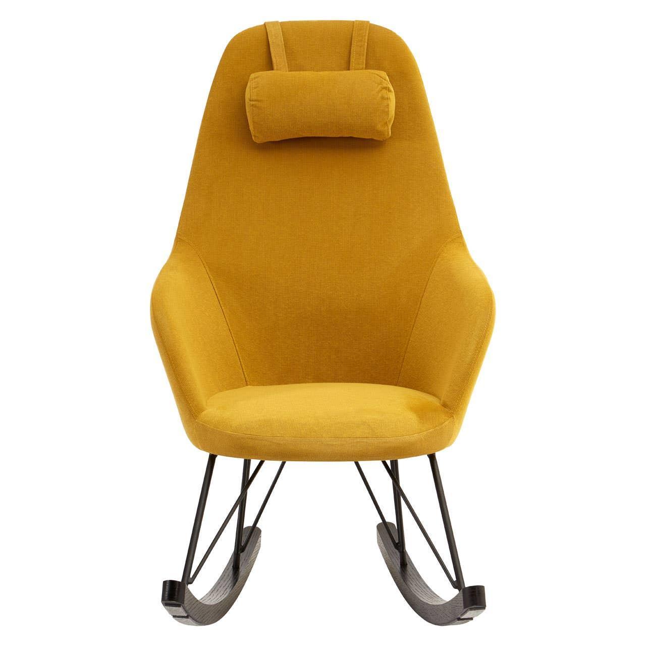 Yellow fabric rocking chair with headrest and black metal legs, front view