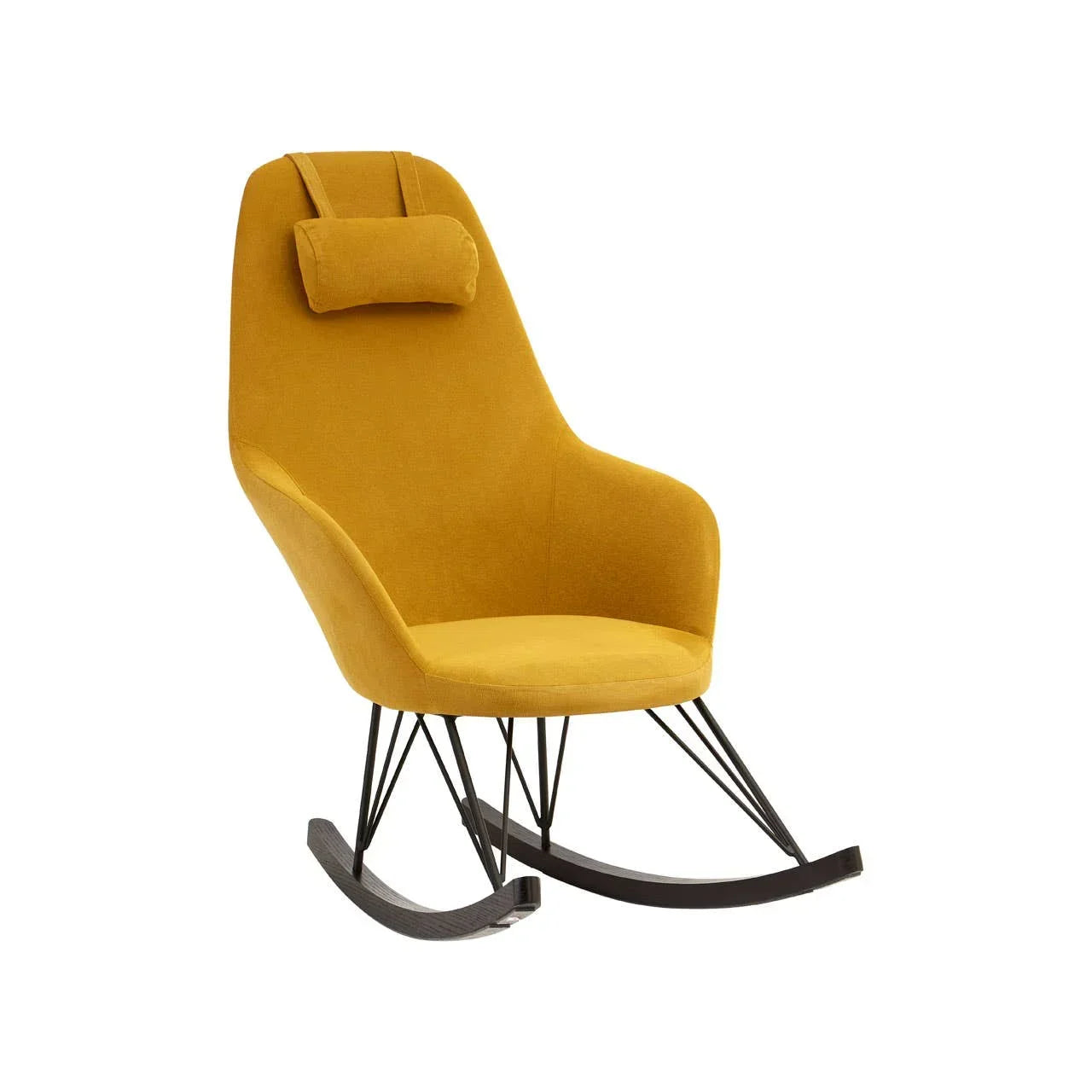 Mustard yellow fabric rocking chair with high back, cushion headrest, and black wood legs