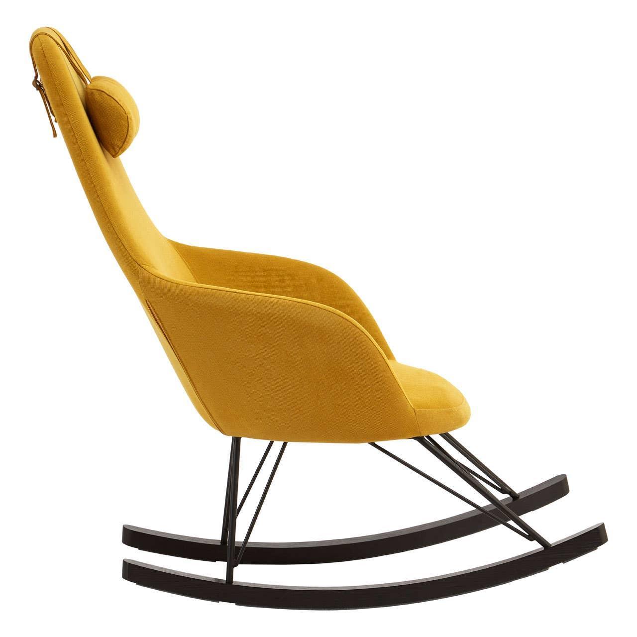 Yellow fabric rocking chair with black metal frame and headrest, side profile view