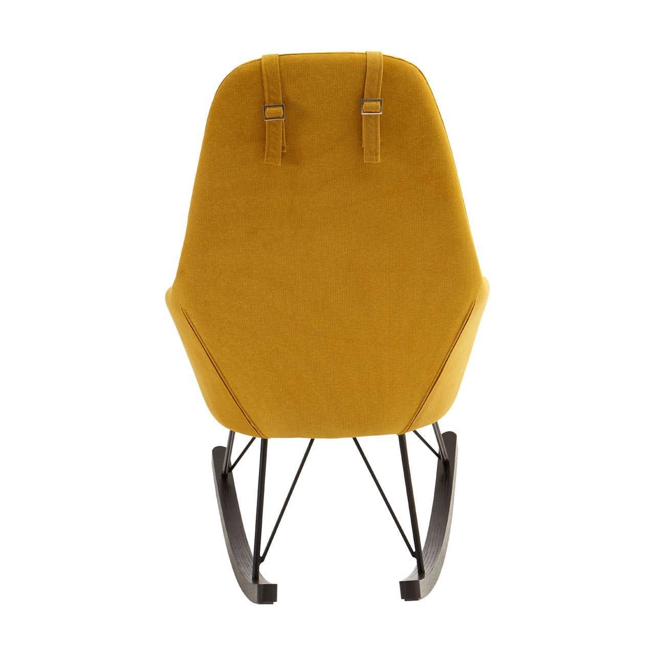 Mustard yellow fabric rocking chair with black metal legs and wooden runners, rear view