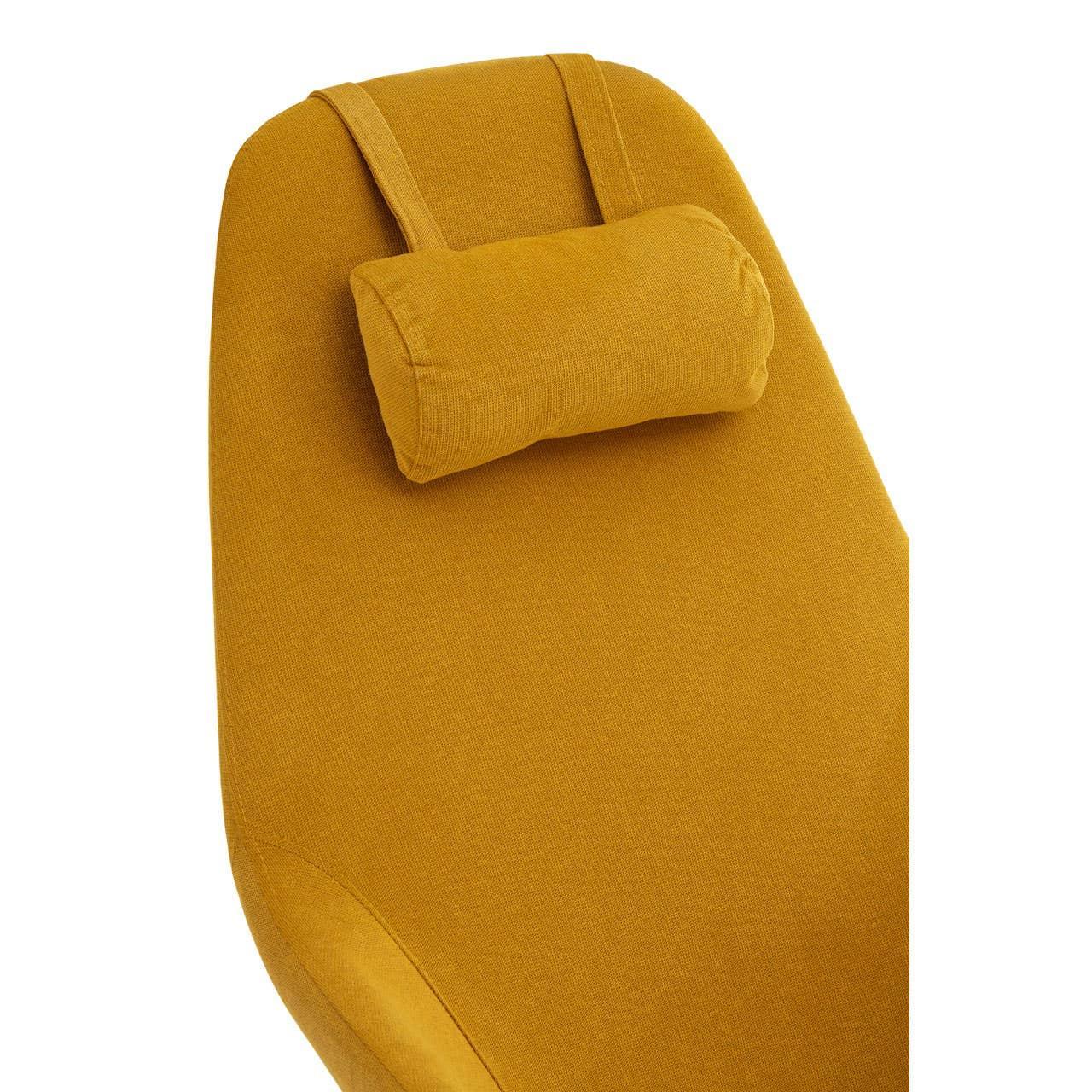 Mustard yellow fabric armchair with padded headrest, close view of backrest