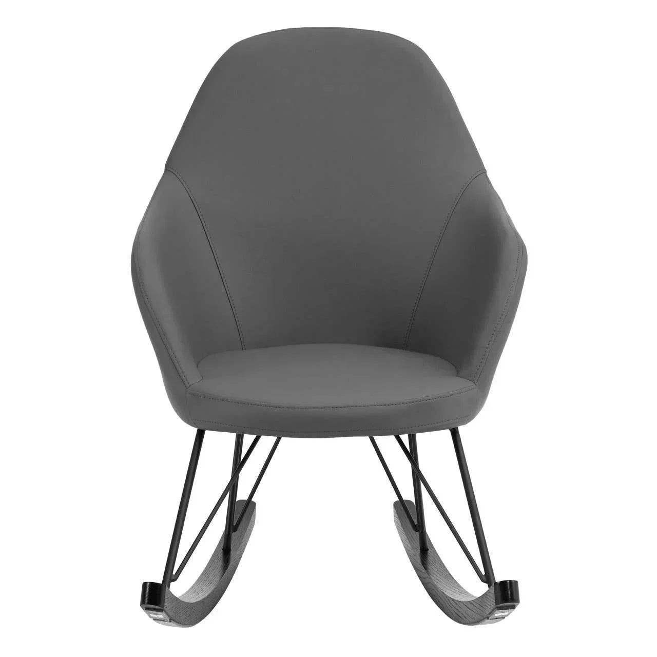 Grey upholstered rocker chair with black metal frame and wooden curved legs, front view