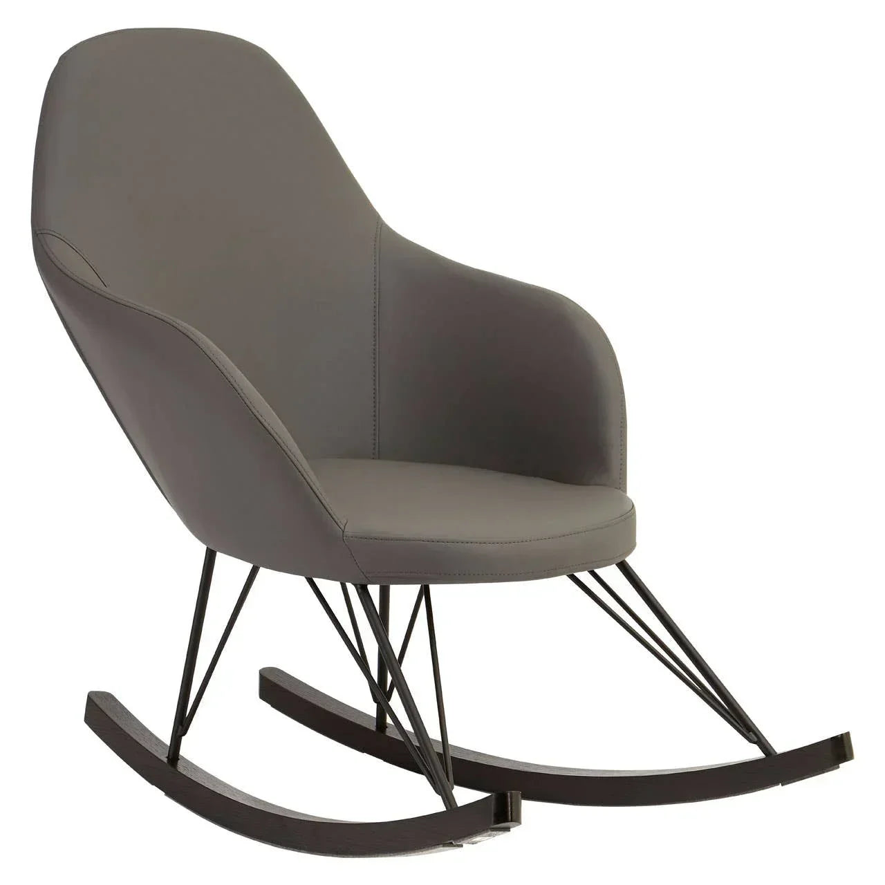 Grey modern rocking chair with padded seat and metal legs on white background