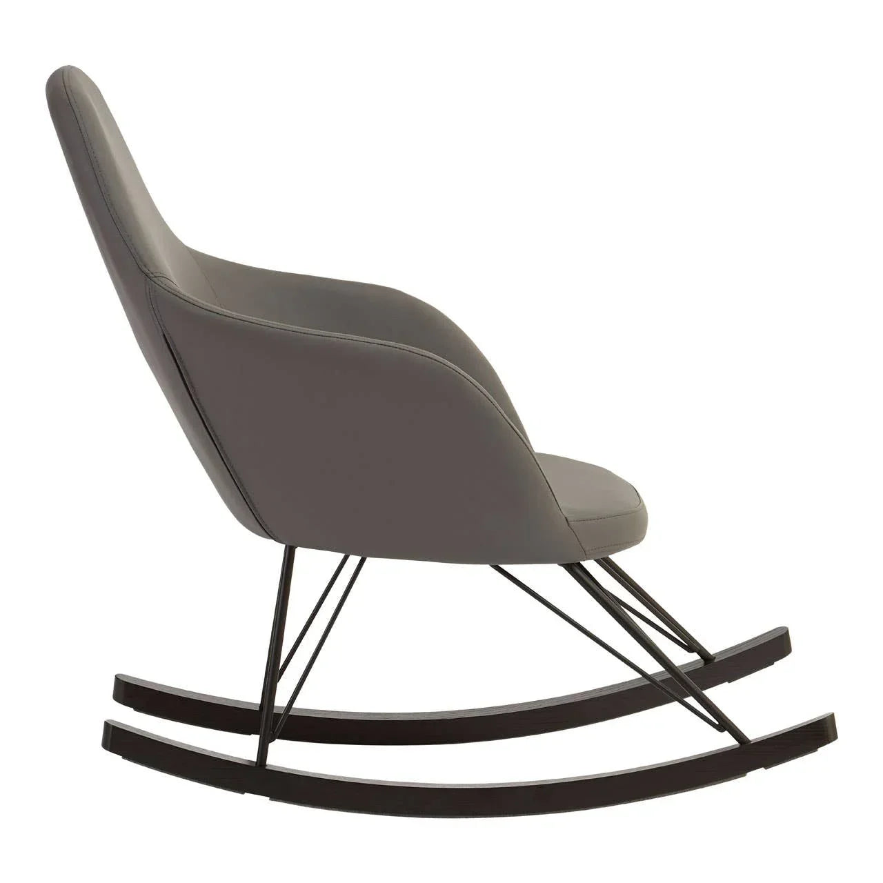 Grey upholstered rocking chair with curved seat and black metal base, side view