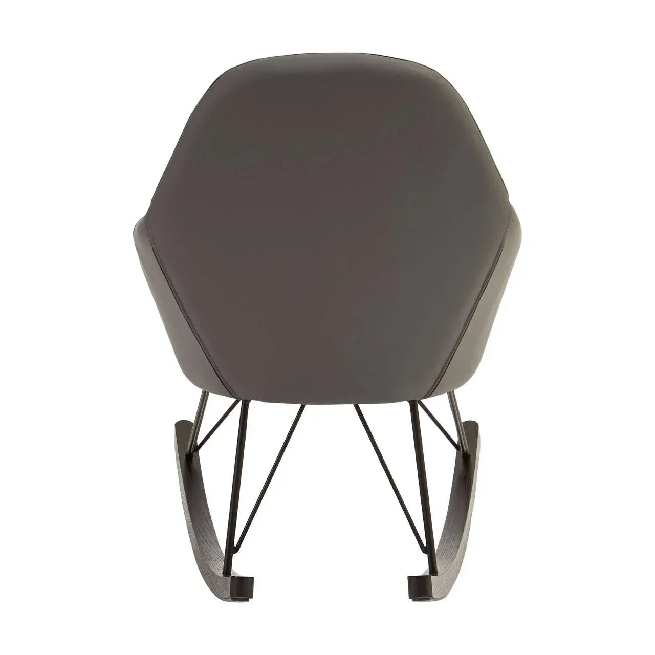 Rear view of grey modern rocking chair with black metal legs and wooden rockers