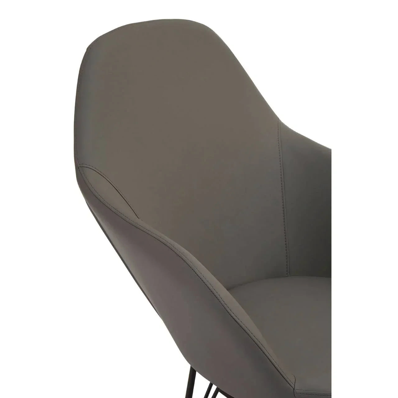 Grey faux leather dining chair with curved backrest and stitched seam detail