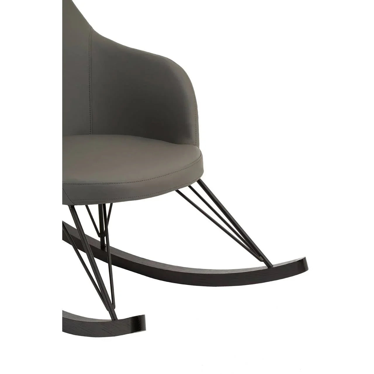 Modern grey rocking chair with curved wooden runners and metal frame detail