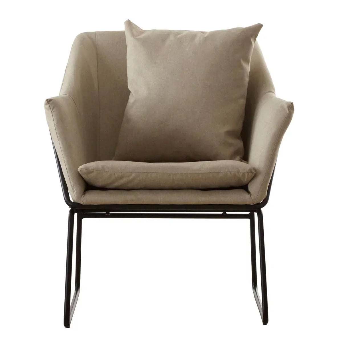 Beige accent chair with black metal legs and matching seat cushion and pillow front view
