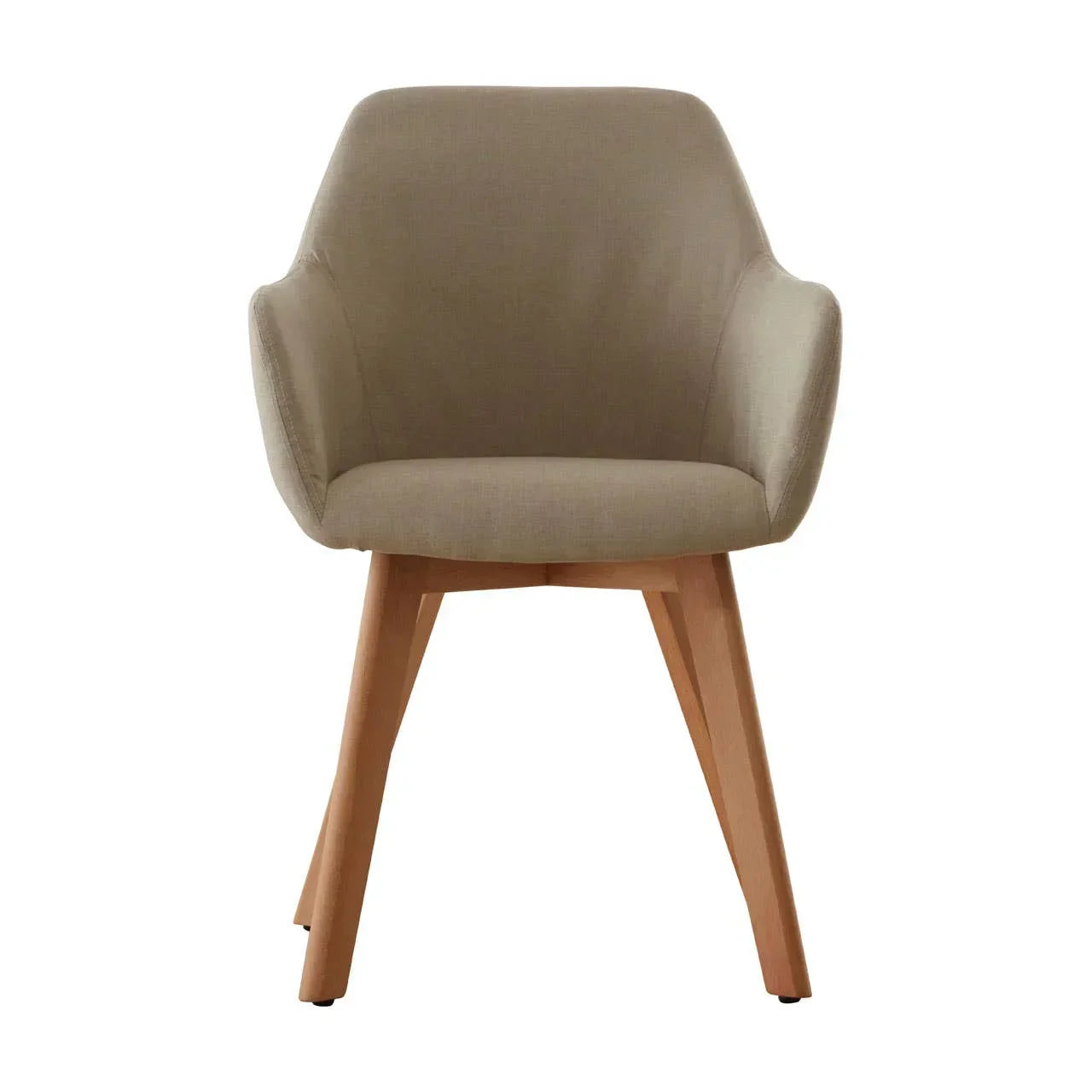 Beige fabric accent chair with curved backrest and wooden legs, front view