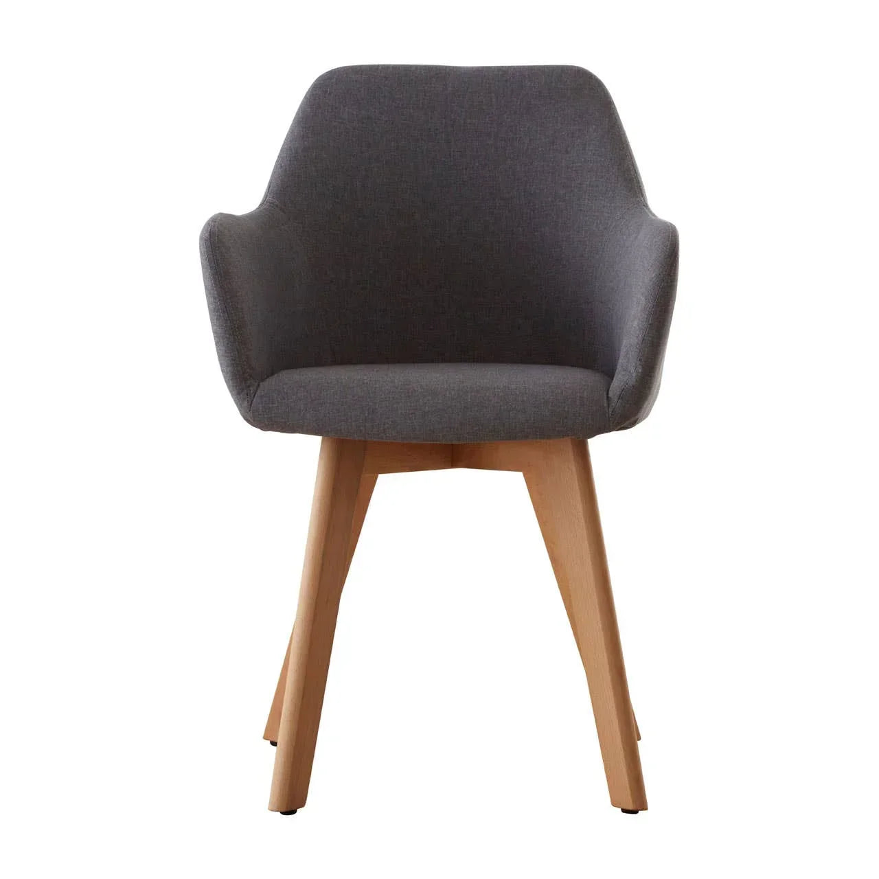 Dark grey upholstered dining chair with wooden legs, front view