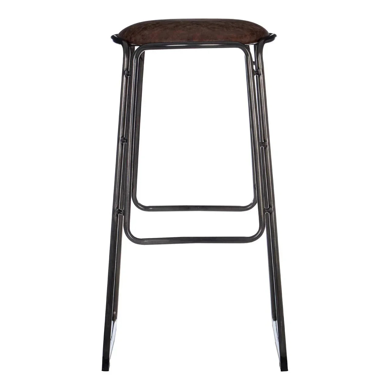 Industrial bar stool with metal frame and brown curved seat, front view