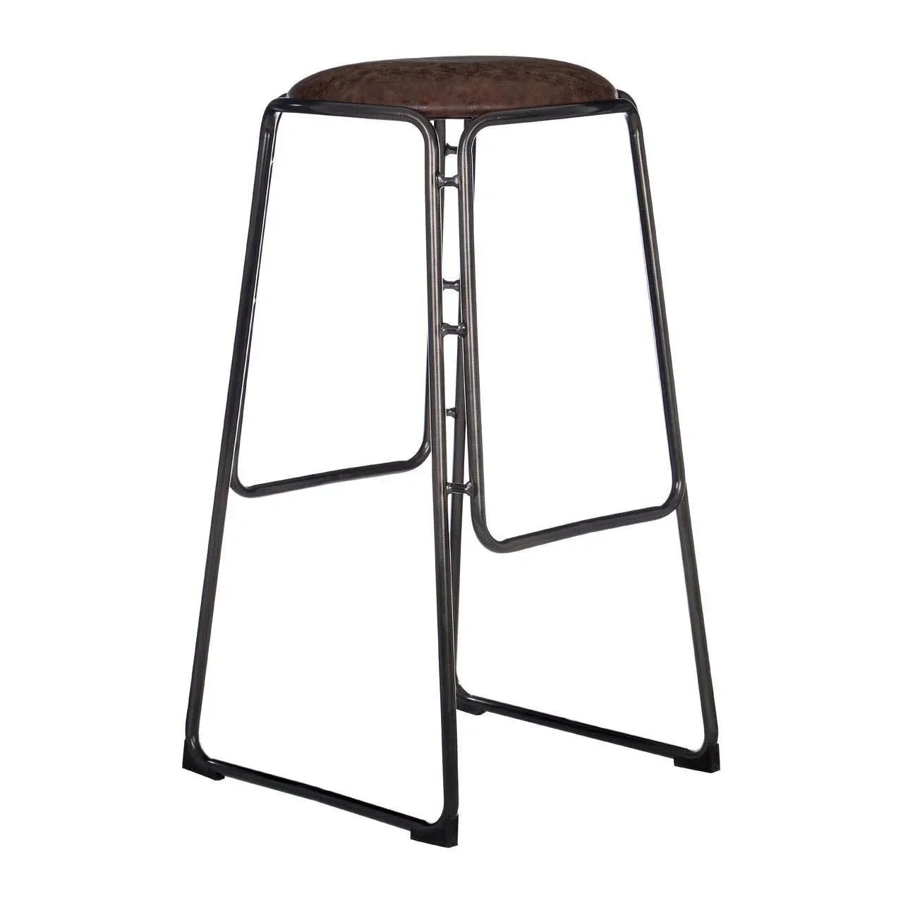 Industrial bar stool with brown cushioned seat and black metal frame, angled side view