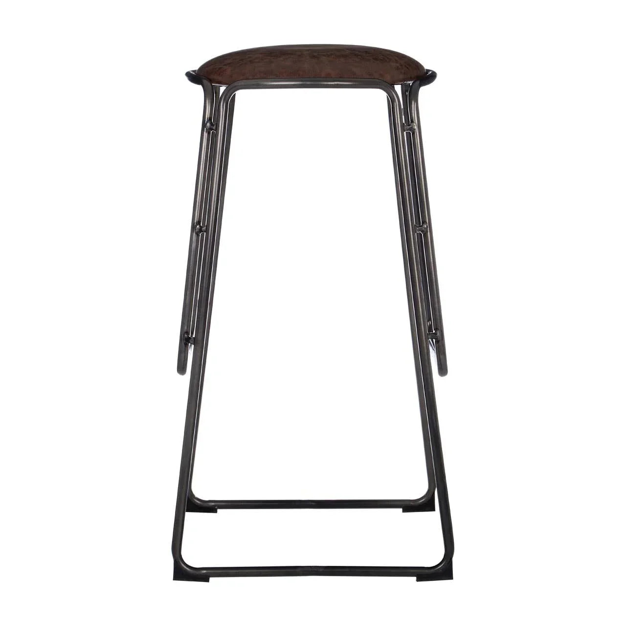 Industrial bar stool with dark wood seat and black metal frame, front view
