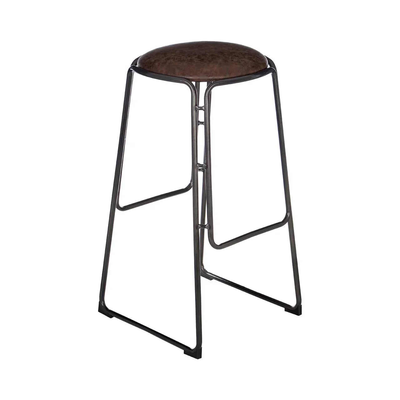 Industrial bar stool with brown padded seat and black metal frame, angled side view